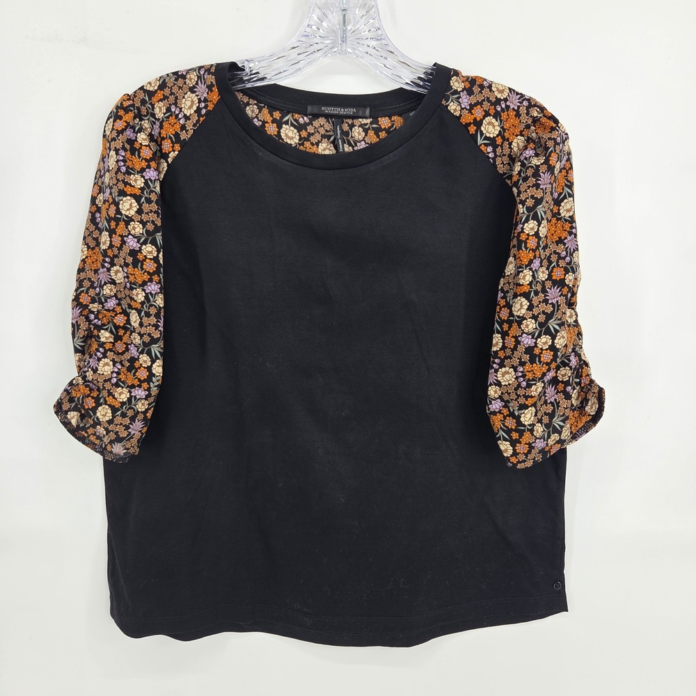 Scotch & Soda Maison Scotch Top S Black Floral Boho Art-Inspired Raglan Tee